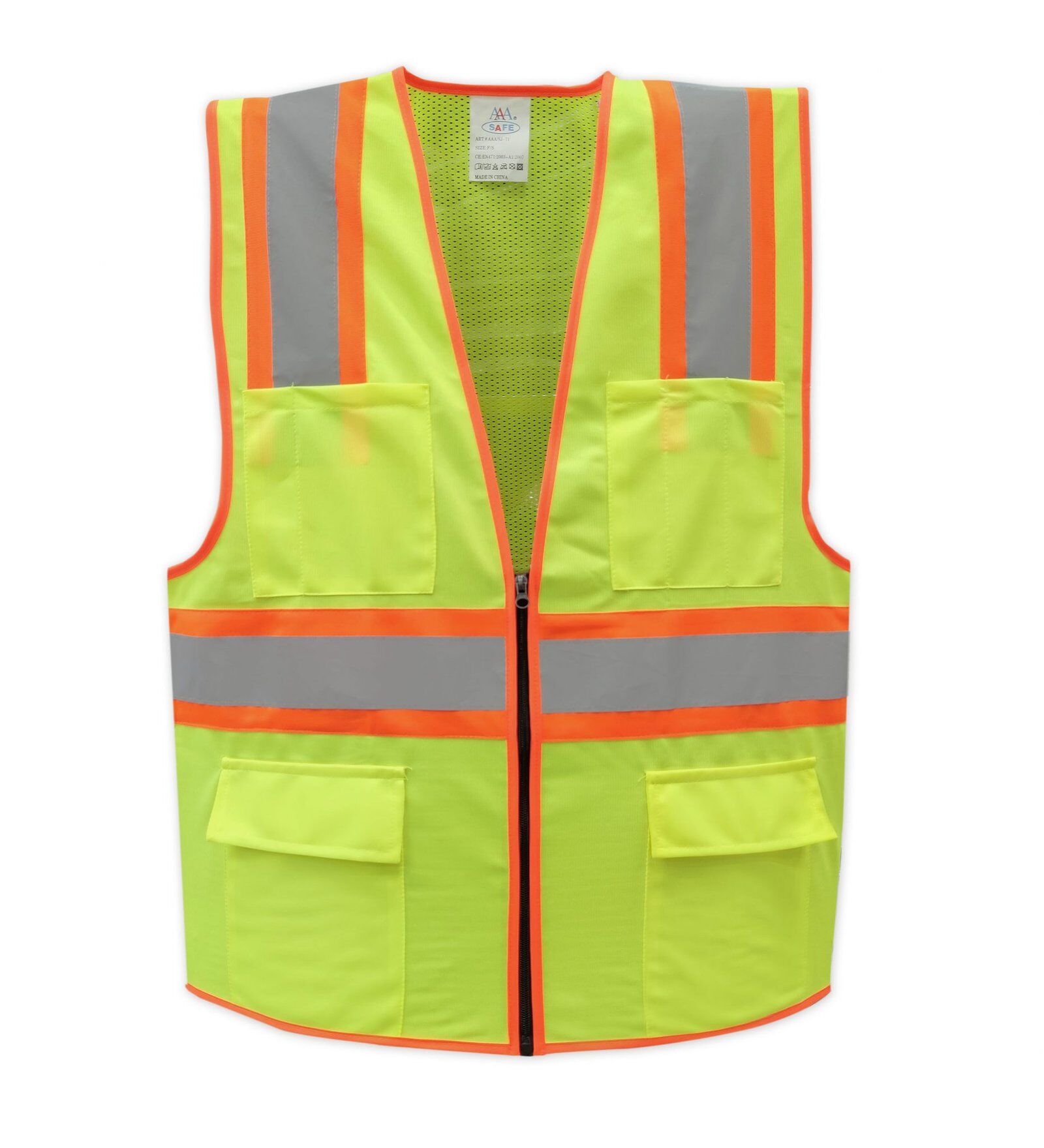 AAA SAFE SAFETY JACKET AAA/SJ-71 - 120 GSM Polyester knitted fabric front + mesh back, high viibility reflective tape with zipper, chest pockets, patch pockets with Velcro flaps 1 AAA SAFE SAFETY JACKET AAA/SJ-71 - 120 GSM Polyester knitted fabric front + mesh back, high viibility reflective tape with zipper, chest pockets, patch pockets with Velcro flaps