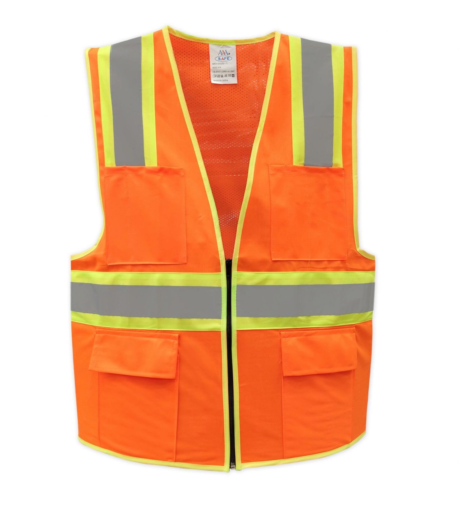 AAA SAFE SAFETY JACKET AAA/SJ-71 - 120 GSM Polyester knitted fabric front + mesh back, high viibility reflective tape with zipper, chest pockets, patch pockets with Velcro flaps 4 AAA SAFE SAFETY JACKET AAA/SJ-71 - 120 GSM Polyester knitted fabric front + mesh back, high viibility reflective tape with zipper, chest pockets, patch pockets with Velcro flaps - Image 4