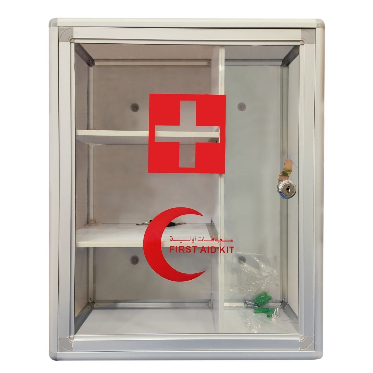 FIRST AID EMPTY GLASS BOX - Made from High Grade GI Metal, Front Toughened Glass Fitted, With Security Lock On Door For Safety 1 FIRST AID EMPTY GLASS BOX - Made from High Grade GI Metal, Front Toughened Glass Fitted, With Security Lock On Door For Safety